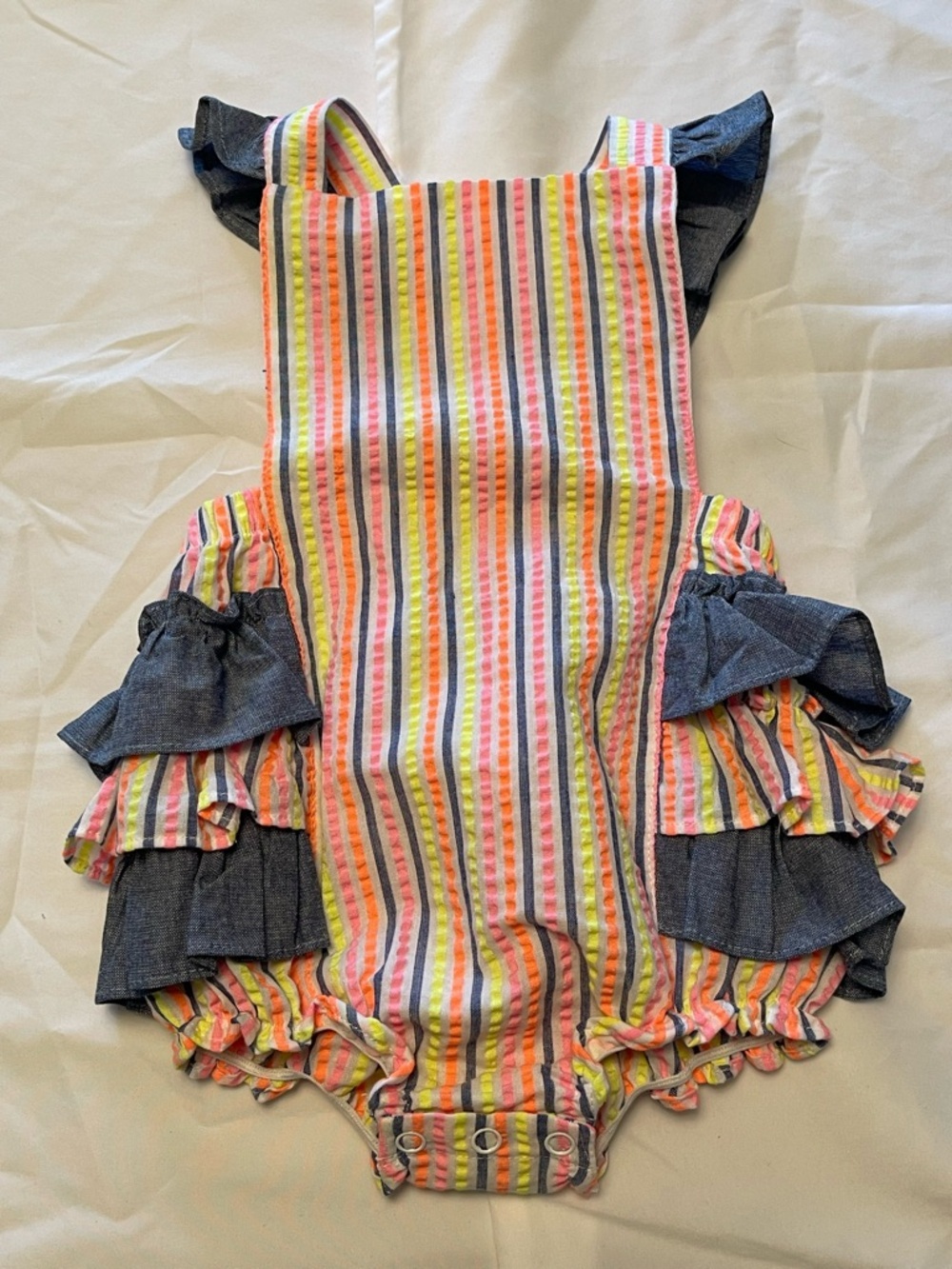 Nordstrom Multicolor Striped Ruffle One-Piece Romper with Navy Ruffles
